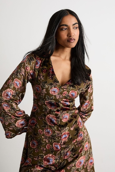 Warehouse Devore Plunge Neck Waisted Midi Dress Green