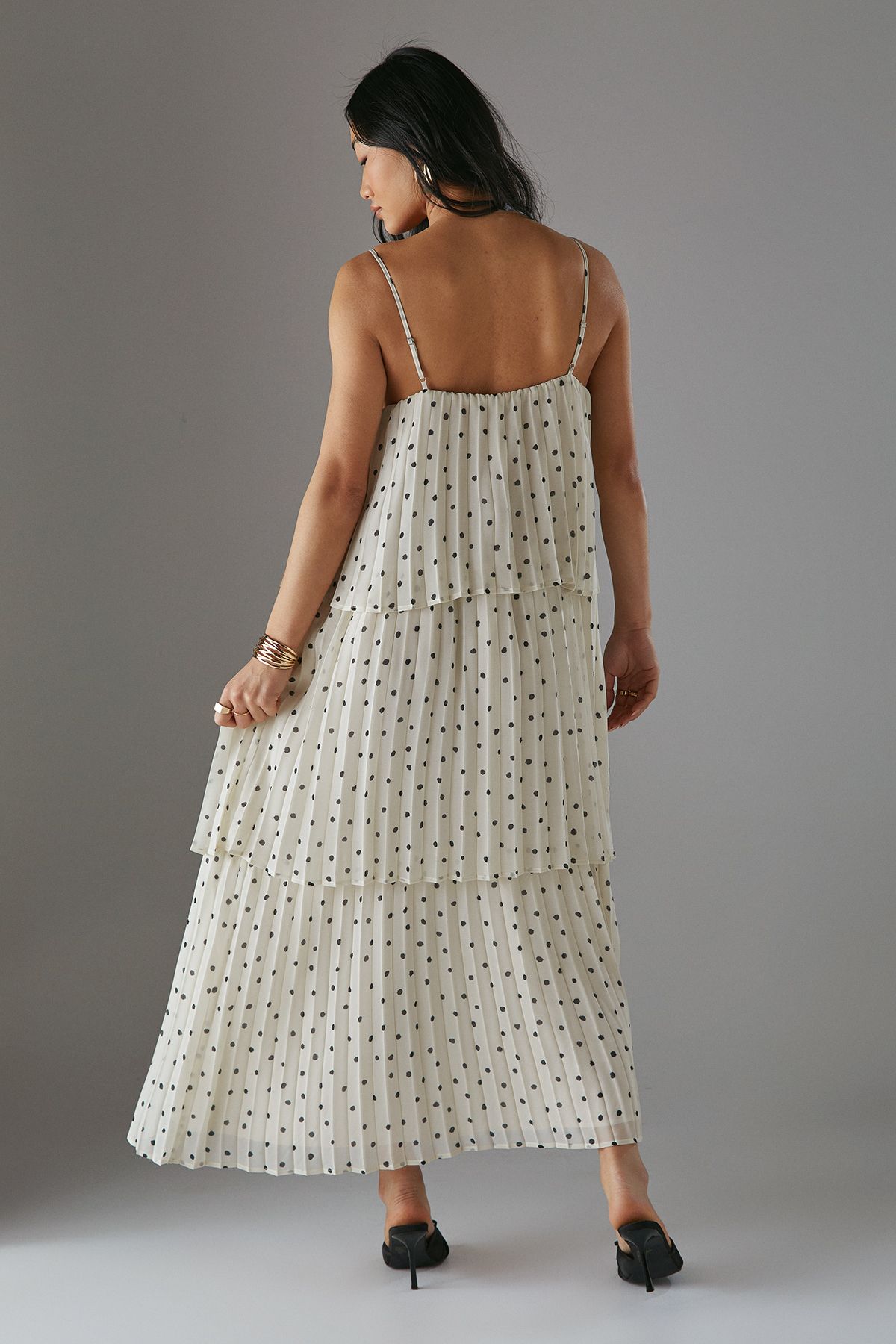 Warehouse Petite Chiffon Pleated Tier Strappy Midi Dress Mono image 4