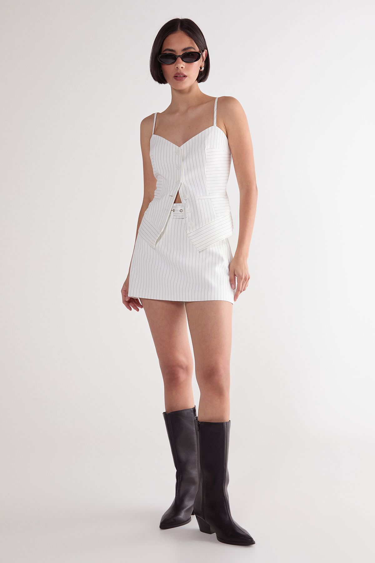 NastyGal Pinstripe Belted Tailored Skort White image 2