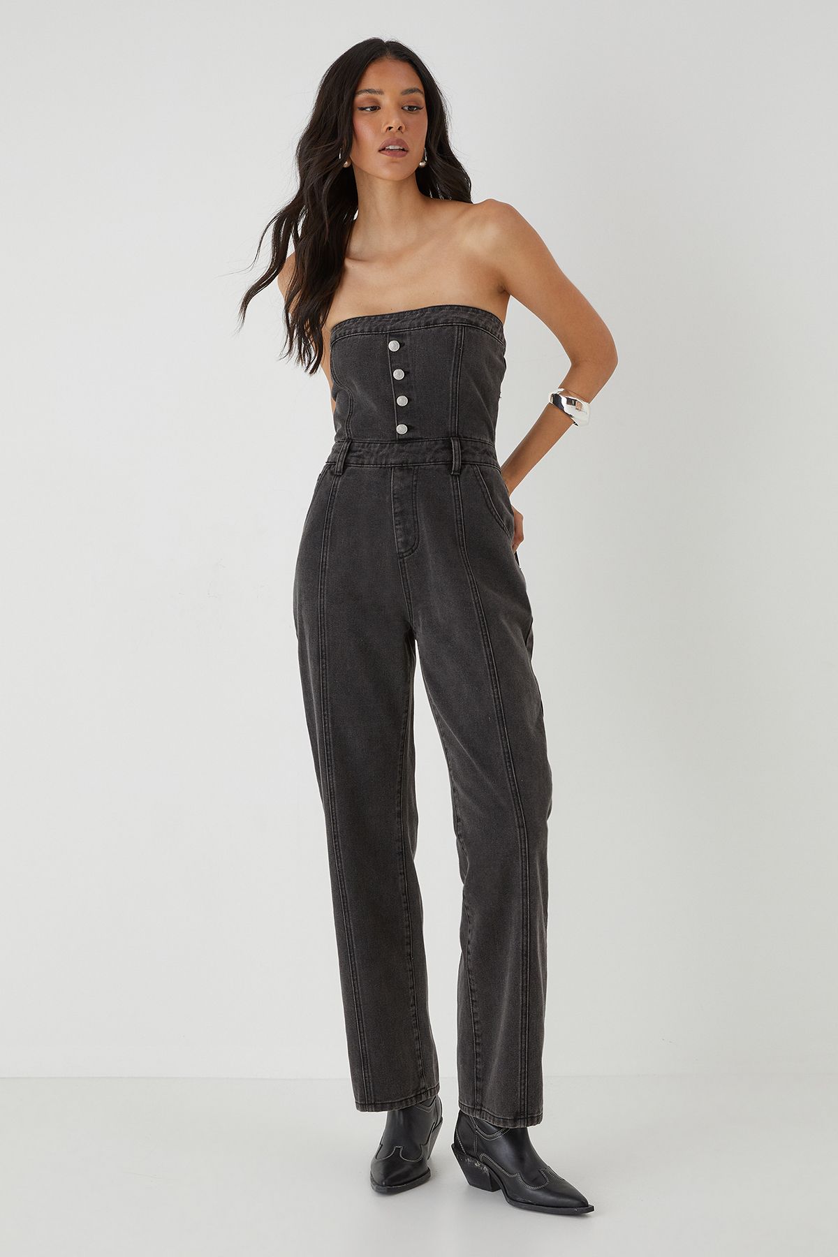 MissPap Bandeau Button Up Denim Jumpsuit Washed Black image 4