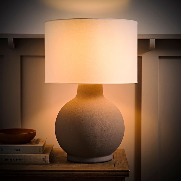 ValueLights Blair Natural Linen Shade Hand Finished Ceramic Stonewear Table Lamp with Bulb