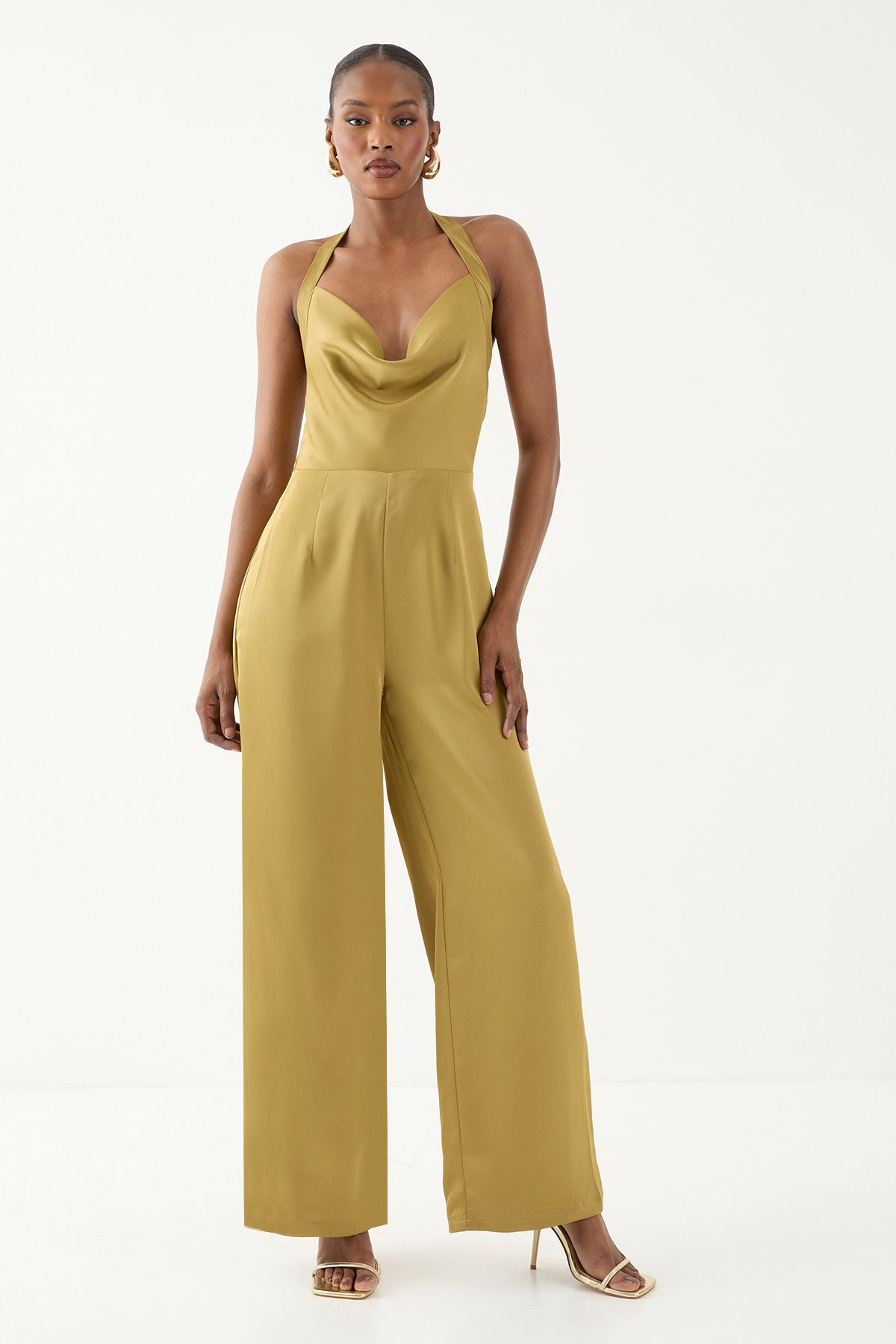 MissPap Satin Cowl Halter Neck Jumpsuit Green image 1