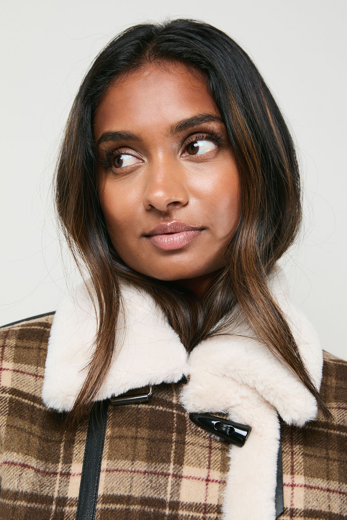 Oasis Shearling Trim Check Coat Chocolate image 5