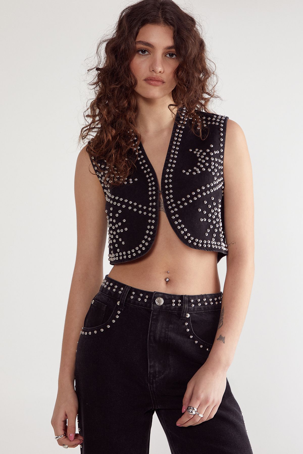 NastyGal Western Studded Denim Waistcoat Black image 1