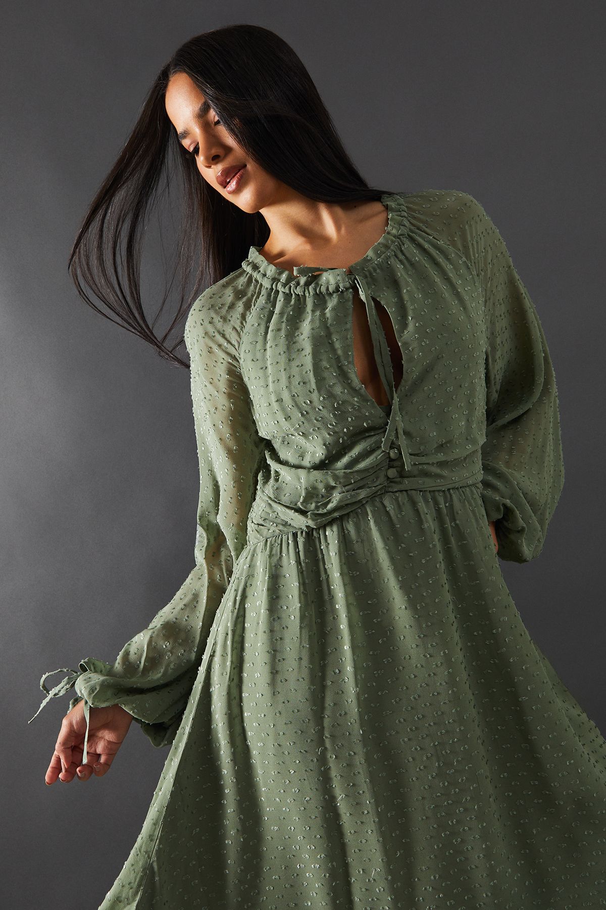 Warehouse Tufted Dobby Chiffon Button Front Tie Neck Hanky Hem Midi Dress Khaki image 4