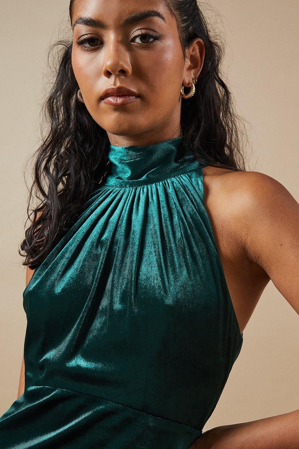 Oasis Petite Velvet Halter Bias Cut Maxi Bridesmaid Dress Emerald image 2