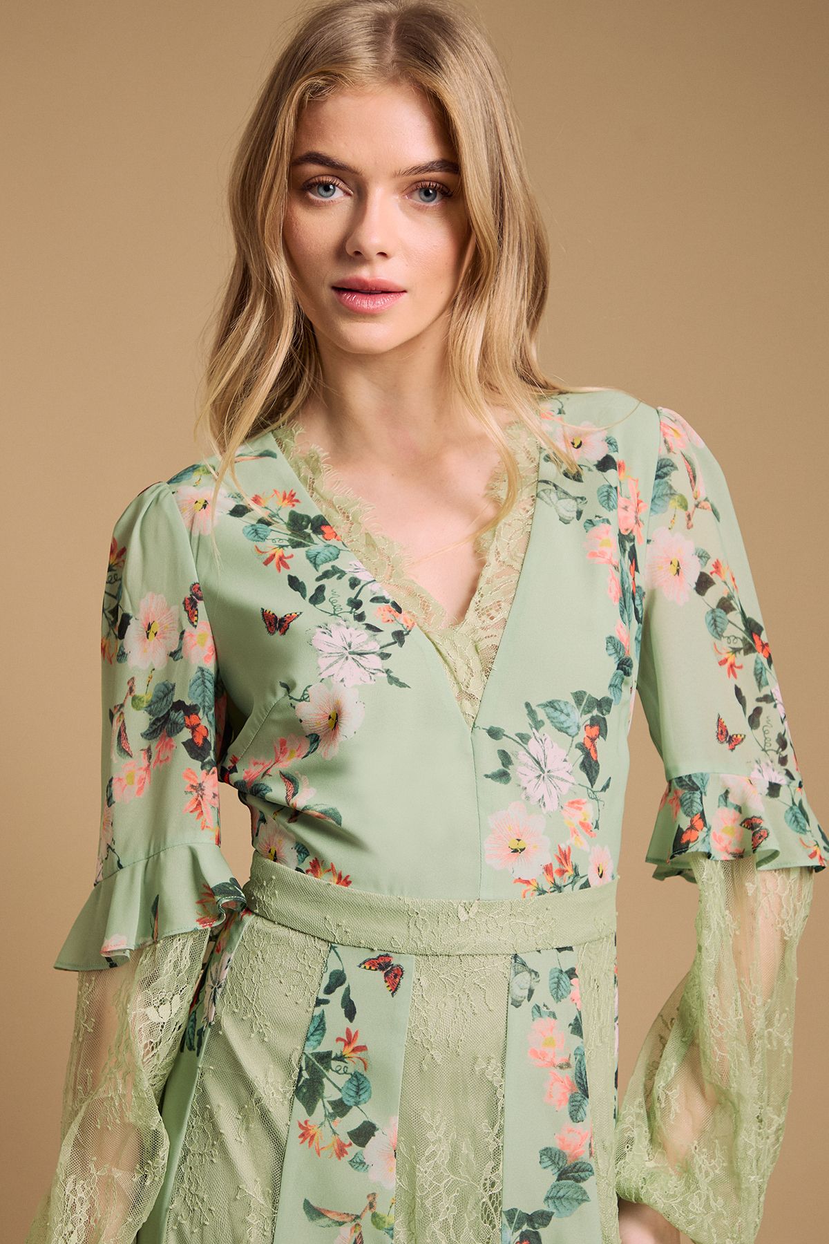 Oasis Lace Panel Midi Dress Sage image 4