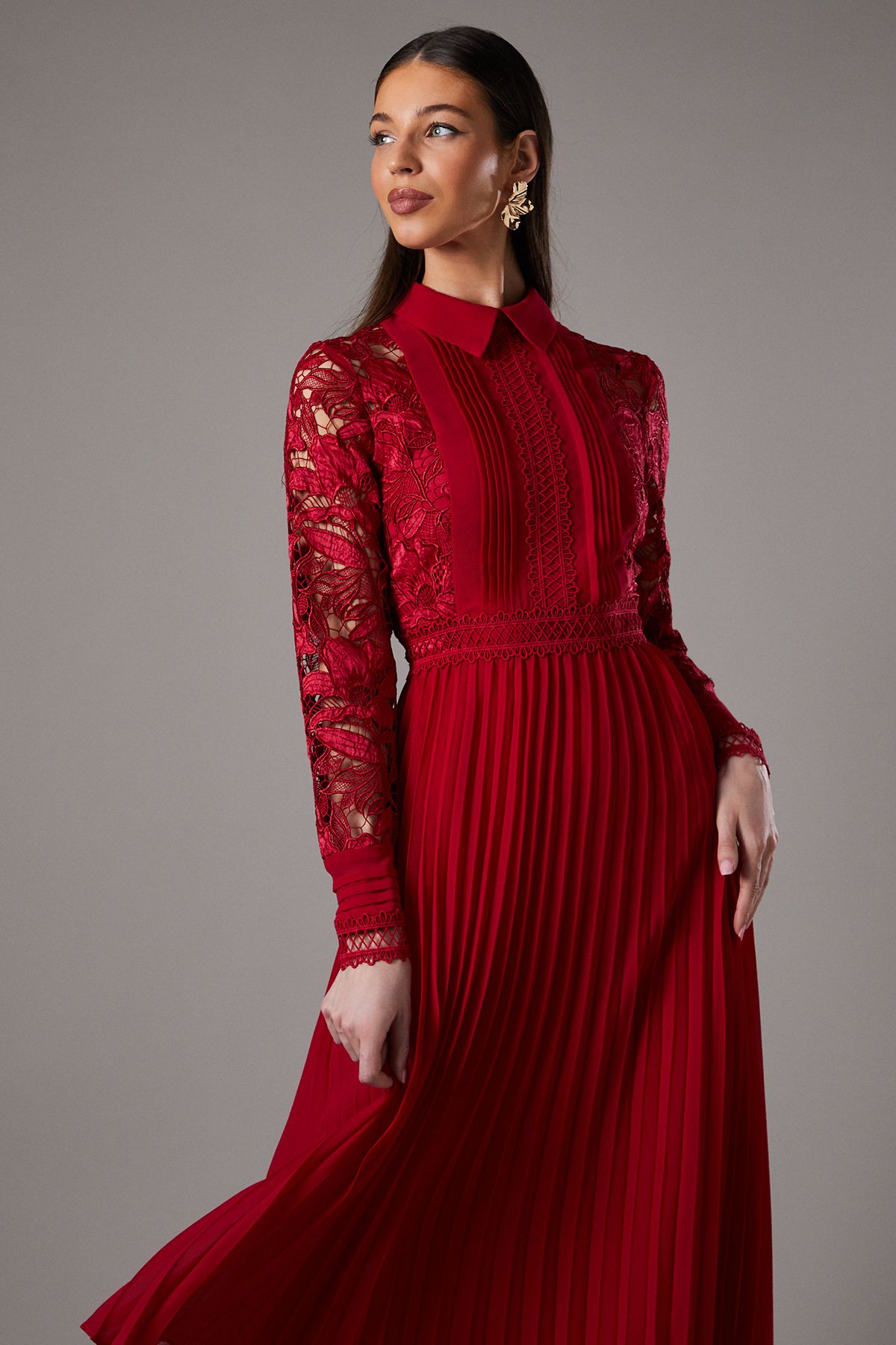 Coast Long Sleeve Lace and Pleated Midi Shirt Dress Red image 2