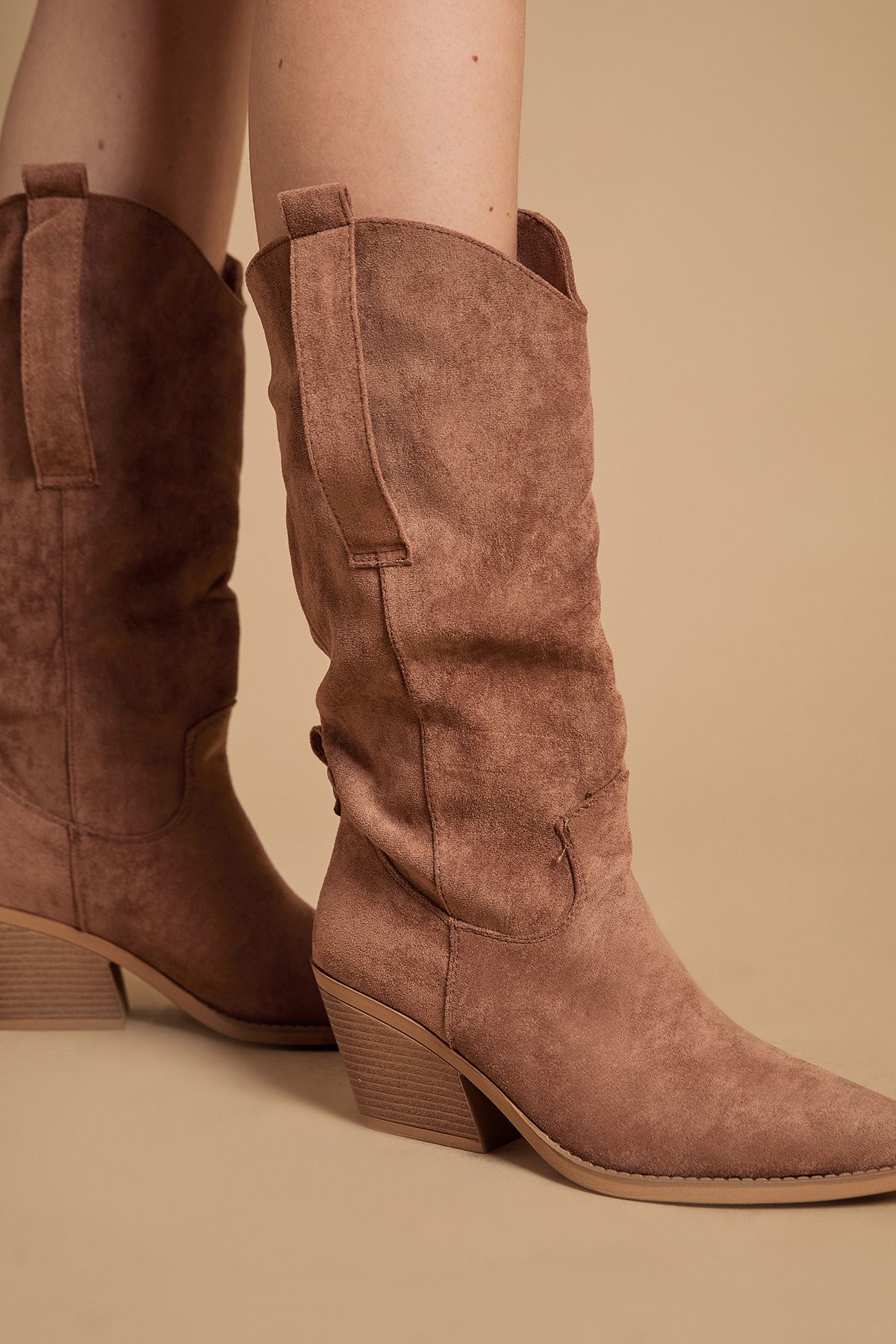 Oasis Wanda Faux Suede Slouch Western Calf Boots Mocha image 4