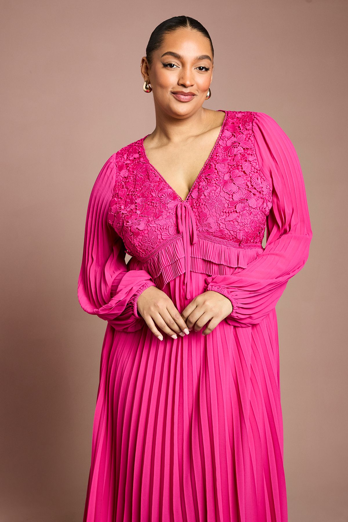 Coast Plus Lace Insert Long Sleeve Pleat Dress Magenta image 2