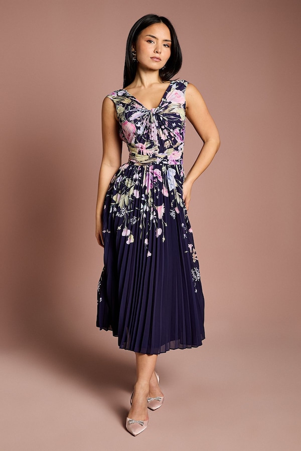 Coast Petite Placement Print Pleated V Neck Midi Dress Navy