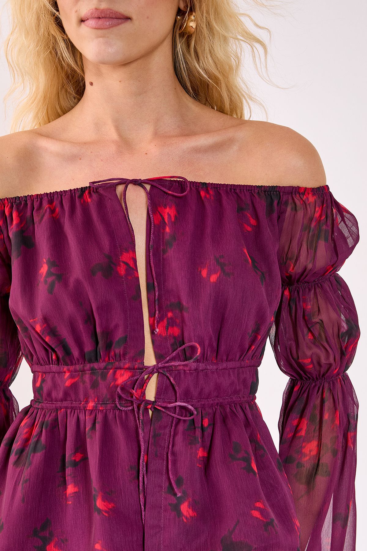 NastyGal Floral Chiffon Bardot Ruched Fluted Sleeve Top Wine image 4