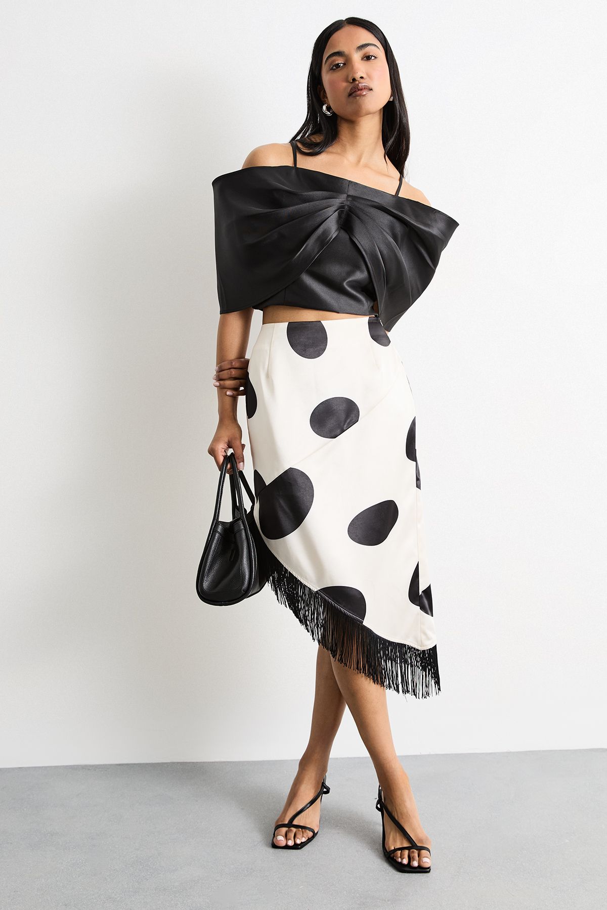 Warehouse Abstract Printed Satin Fringed Midi Skirt Mono image 1