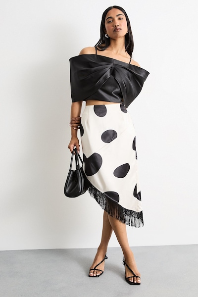 Warehouse Abstract Printed Satin Fringed Midi Skirt Mono