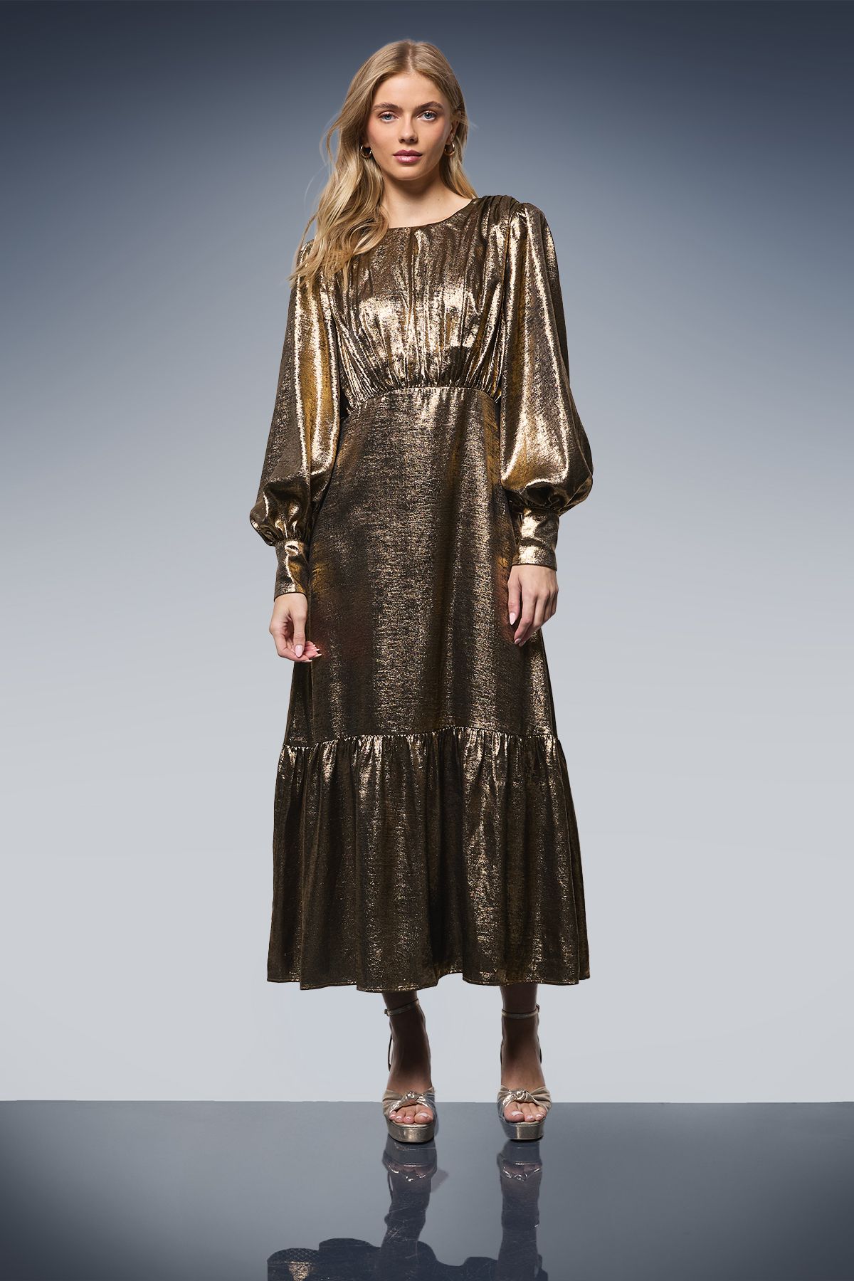 Oasis Lame Balloon Sleeve Midi Dress Gold