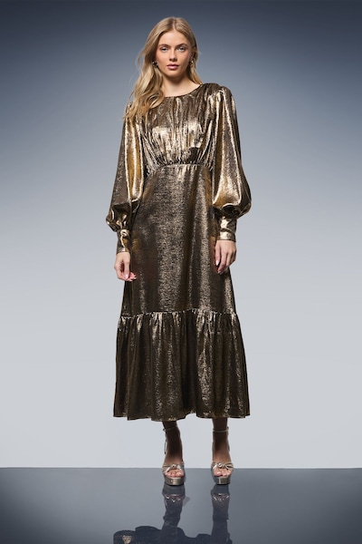 Oasis Lame Balloon Sleeve Midi Dress Gold