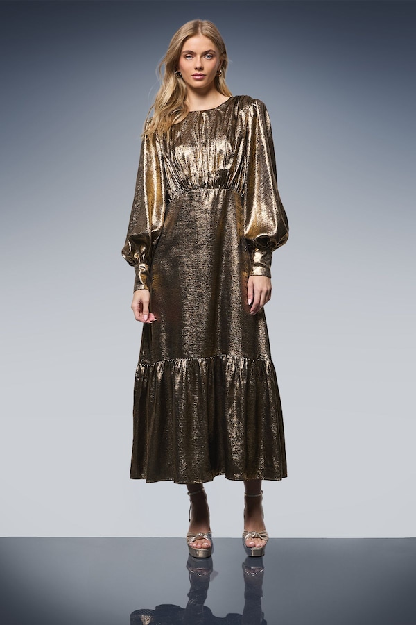 Oasis Lame Balloon Sleeve Midi Dress Gold