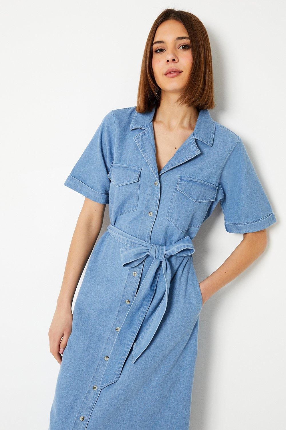 Dorothy Perkins Denim Belted Button Through Midi Dress Mid Wash
