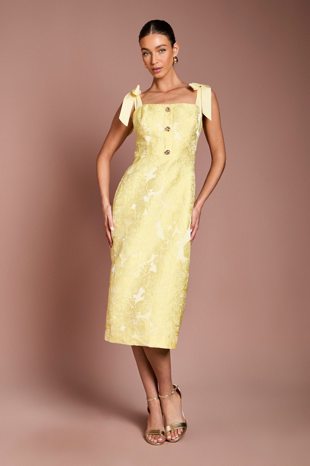 Coast Jacquard Tie Shoulder Button Detail Pencil Dress Lemon