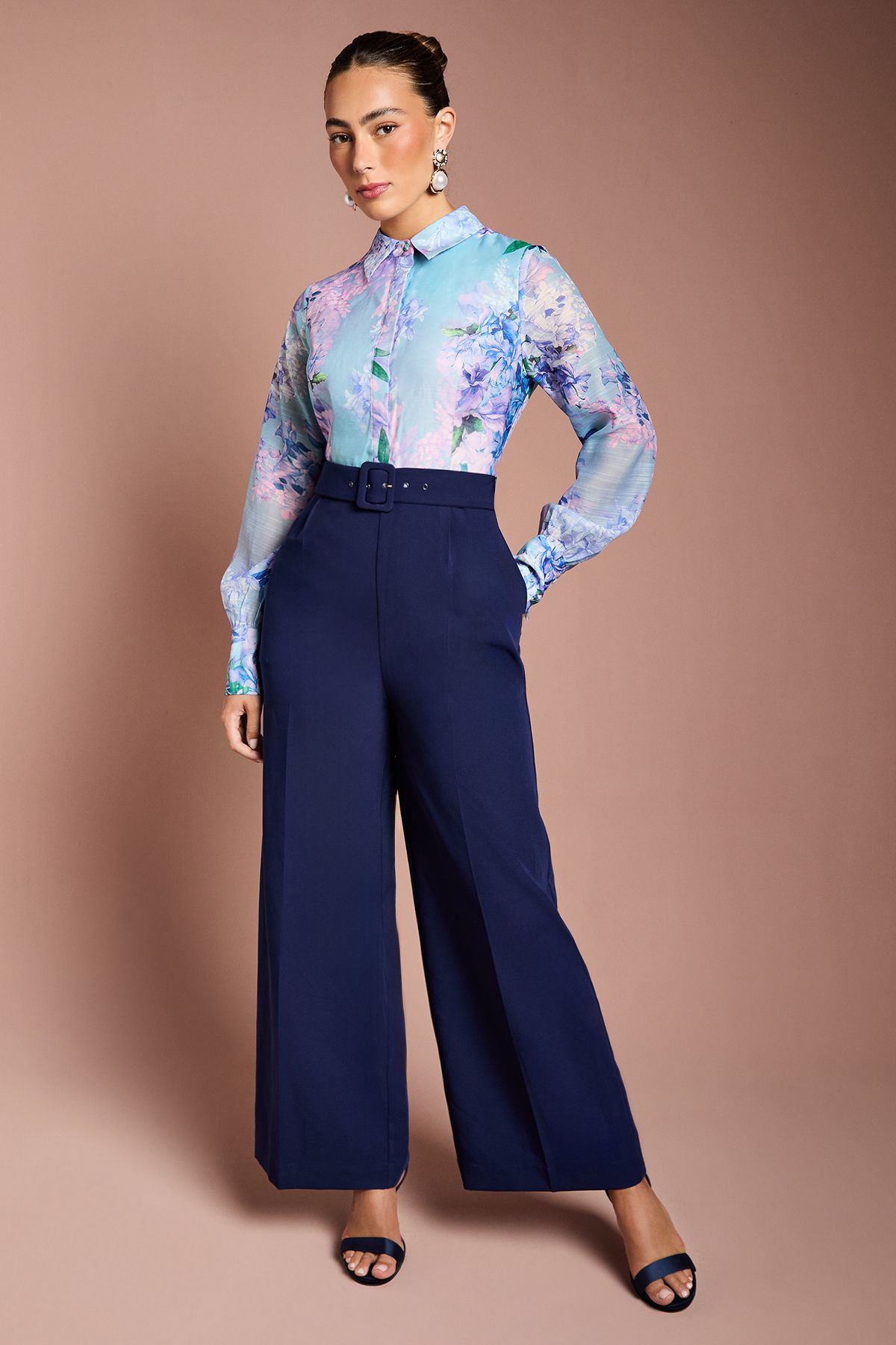 Coast Printed Collared Wide Leg Belted Jumpsuit Navy image 1