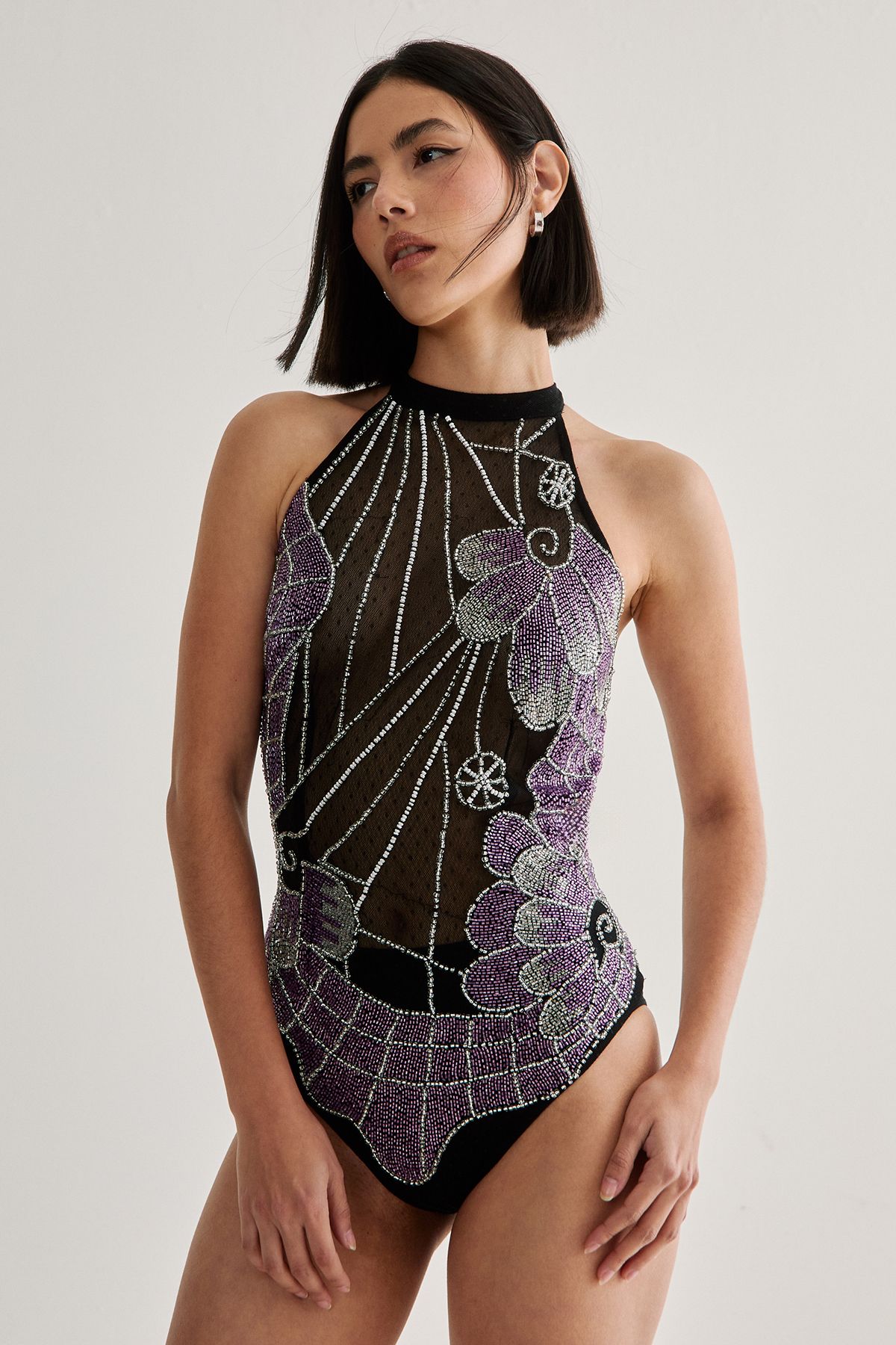 NastyGal Hand Embellished Placement Bodysuit Purple image 3