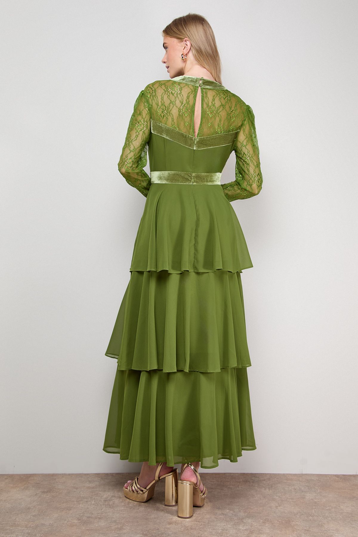 Oasis Lace Sleeve Tiered Maxi Dress Green image 3