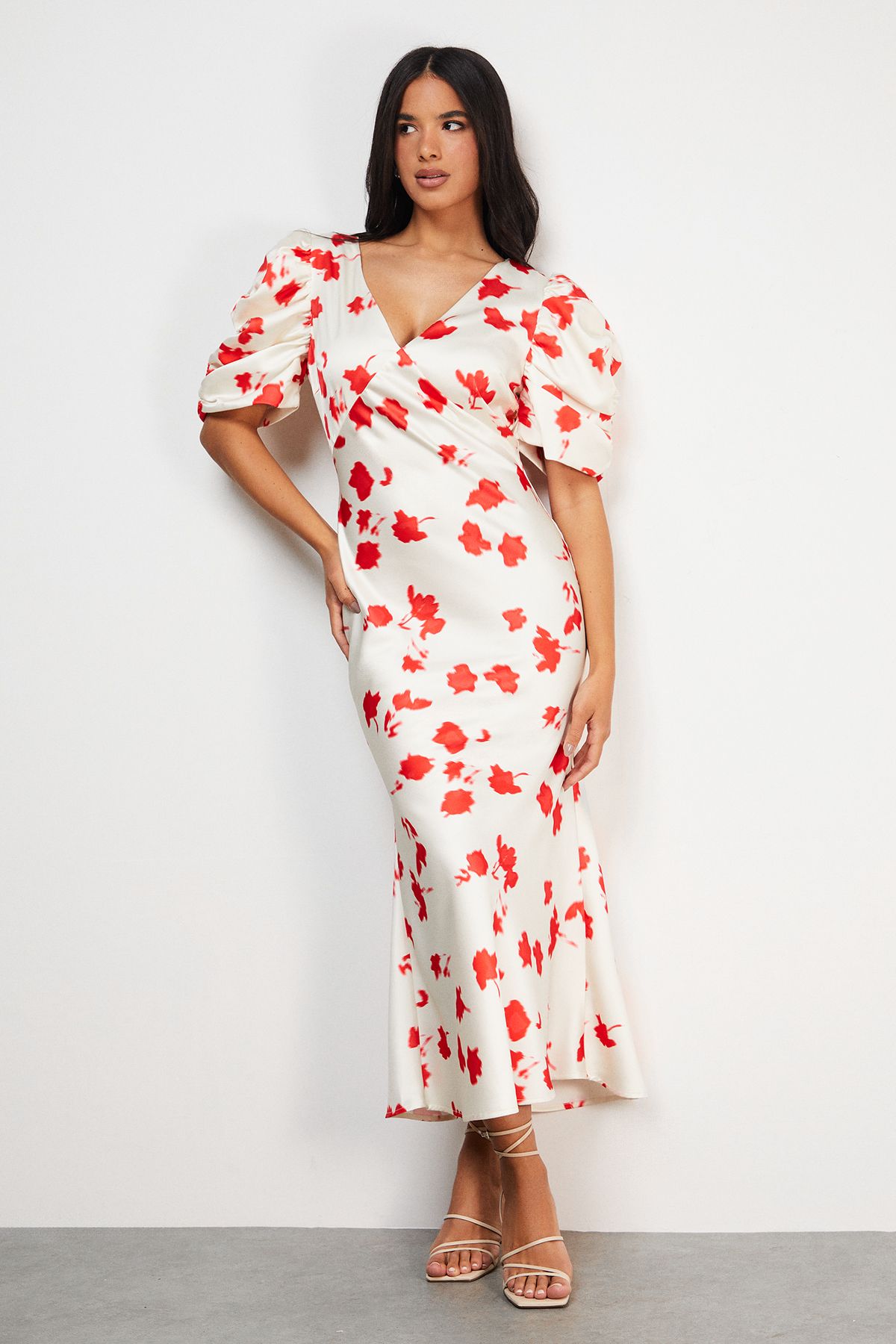 Warehouse Satin Pleat Volume Sleeve Plunge Bias Midi Dress Floral image 1