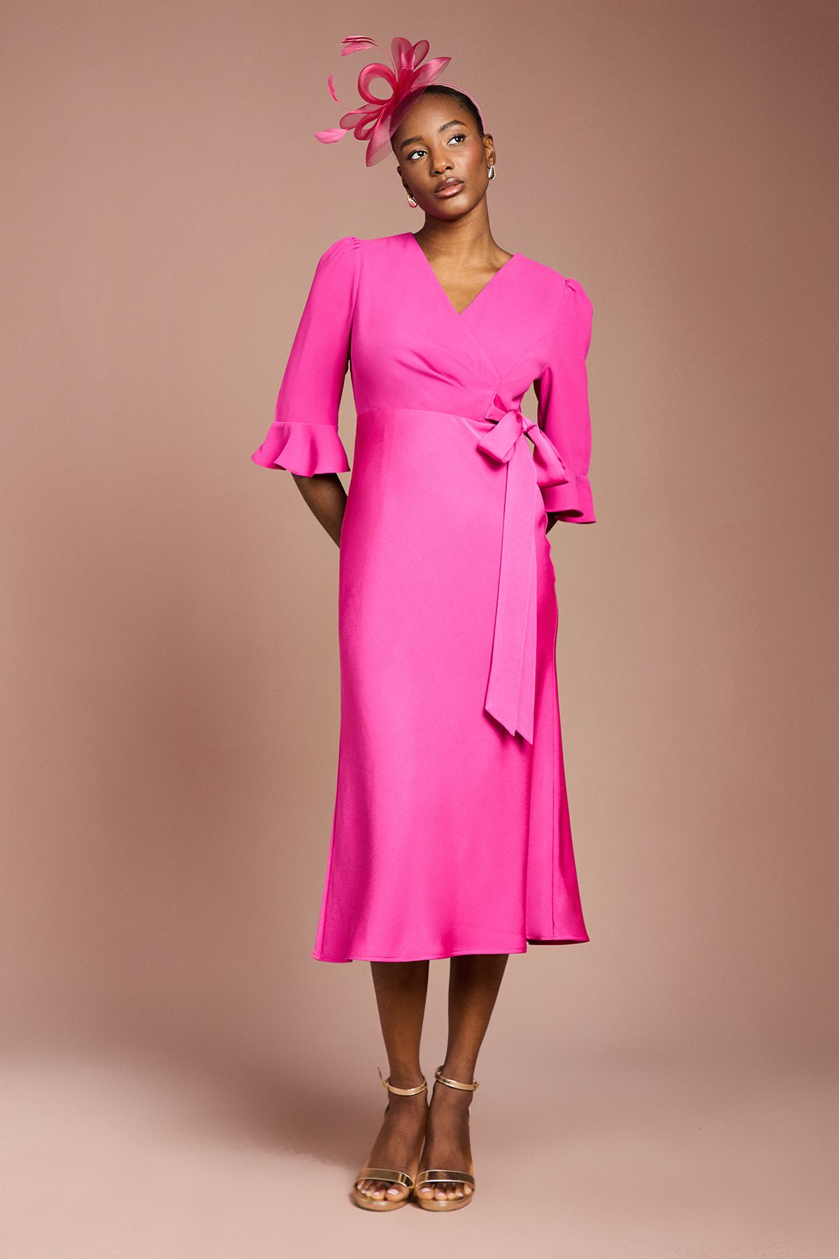 Coast Ruffle Sleeve Satin Back Crepe Wrap Dress Hot Pink image 1
