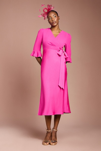 Coast Ruffle Sleeve Satin Back Crepe Wrap Dress Hot Pink