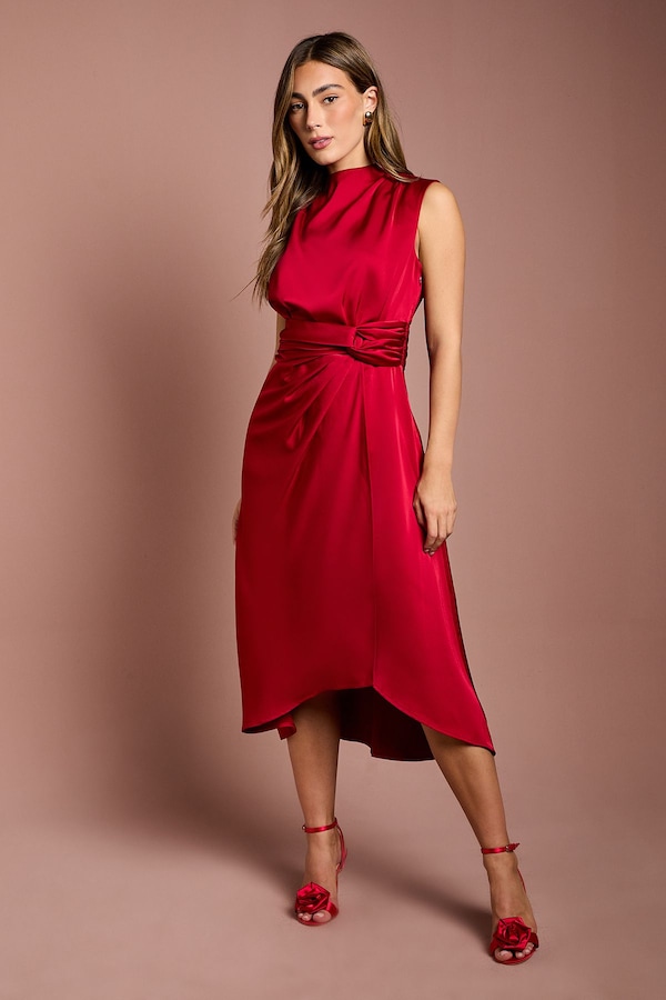 Coast Satin Midi Dress With Twist Waist Red