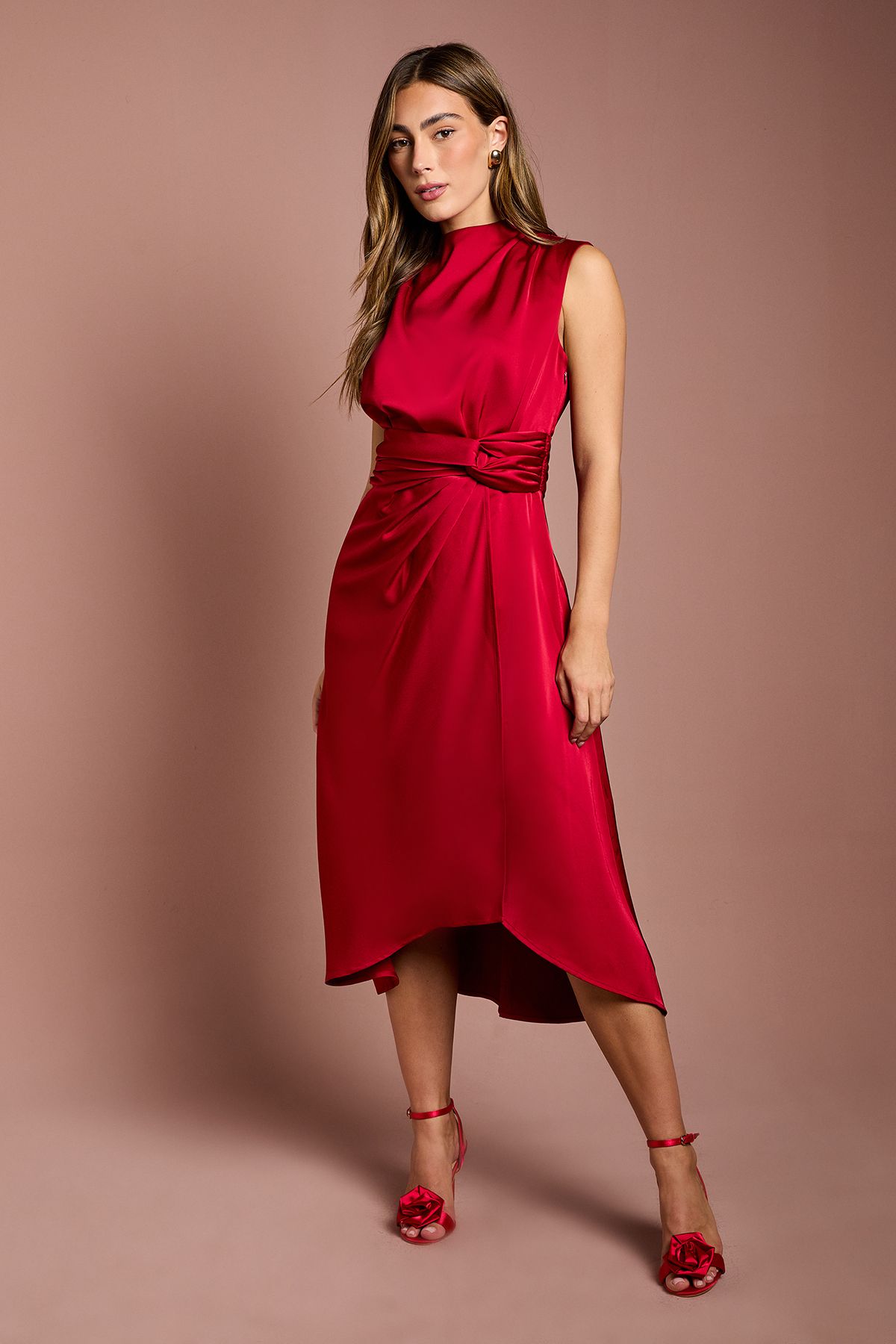 Coast Satin Midi Dress With Twist Waist Red