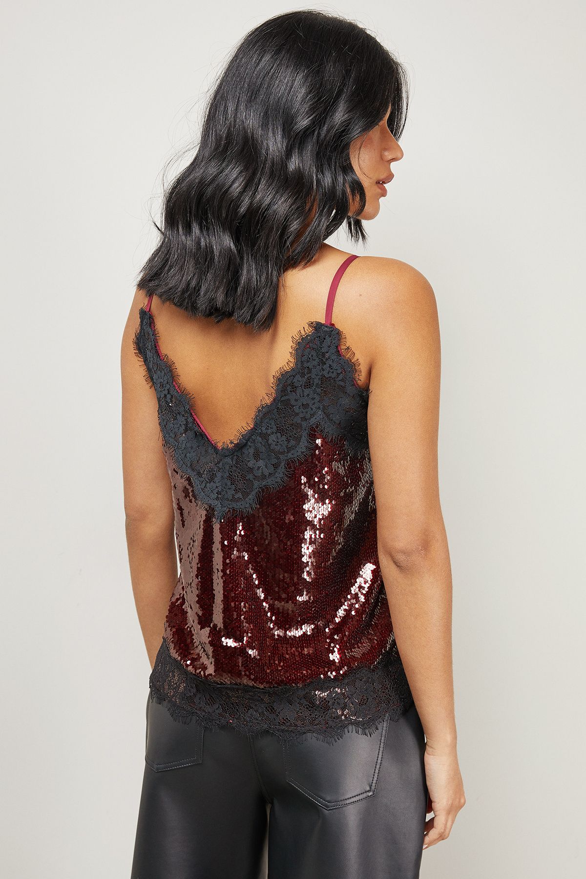 Warehouse Sequin Lace Trim High Apex Cami Top Dark Red image 3