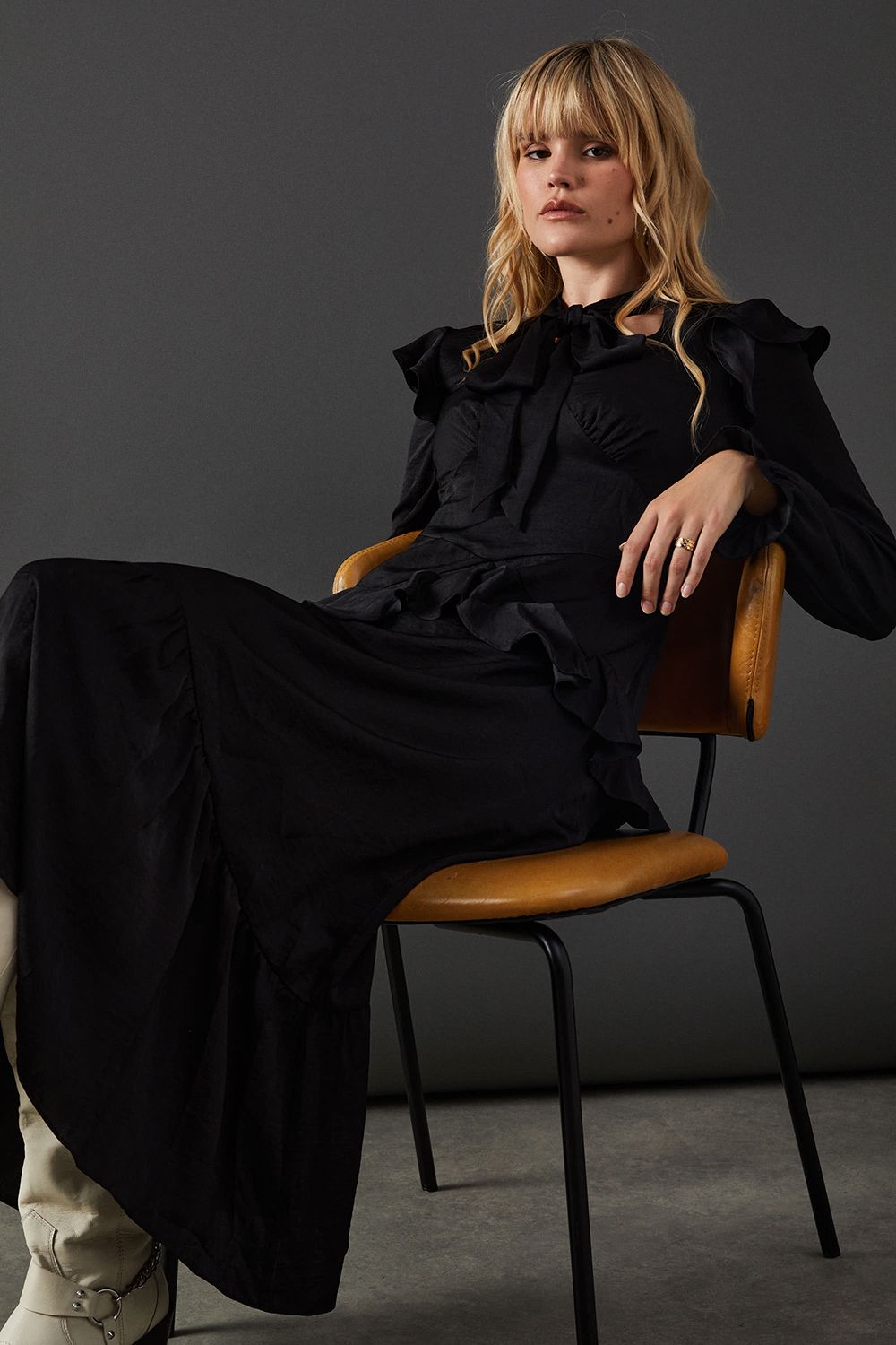 Warehouse Satin Tie Neck Ruffle Midi Dress Black image 2