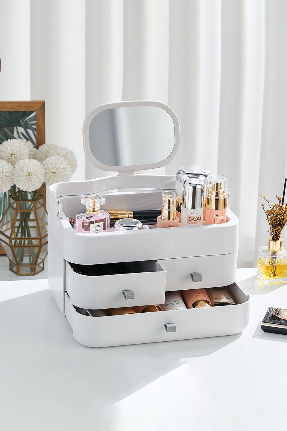 Living and Home 3 Drawers Modern Makeup Organizer with Mirror image 1