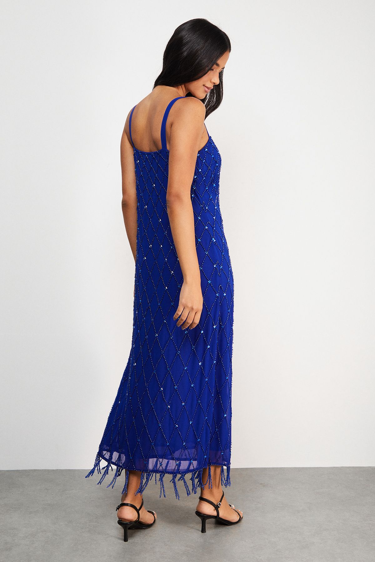 Warehouse Hand Embellished Strappy Sequin Fringe Hem Midi Dress Cobalt image 3