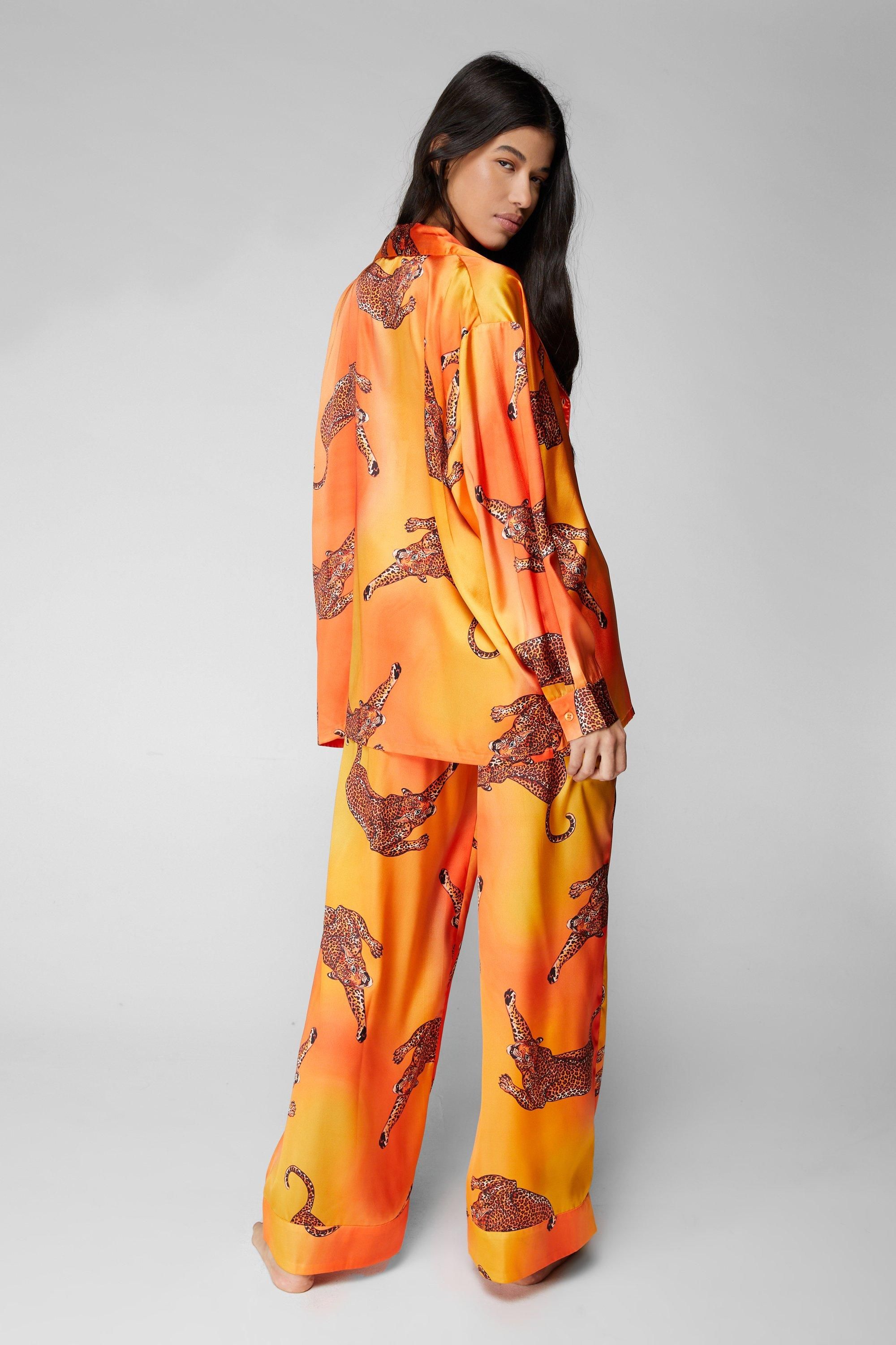 NastyGal Satin Leopard 3pc Shirt Bralette & Pants Pajama Set Orange image 4