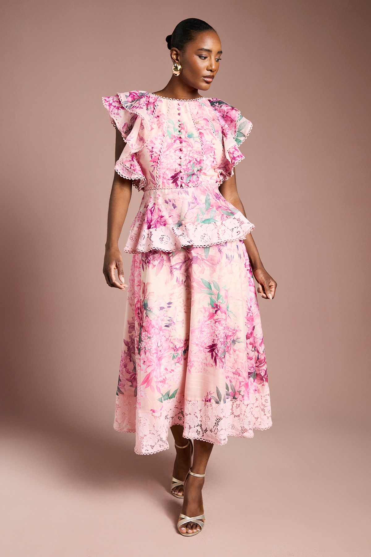 Coast Lace Trim Printed Ruffle Midi Dress Blush