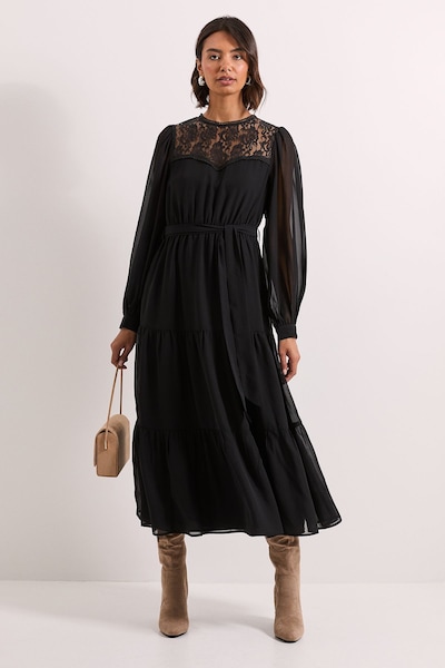 Dorothy Perkins Lace Yoke Blouson Sleeve Tiered Midaxi Dress Black