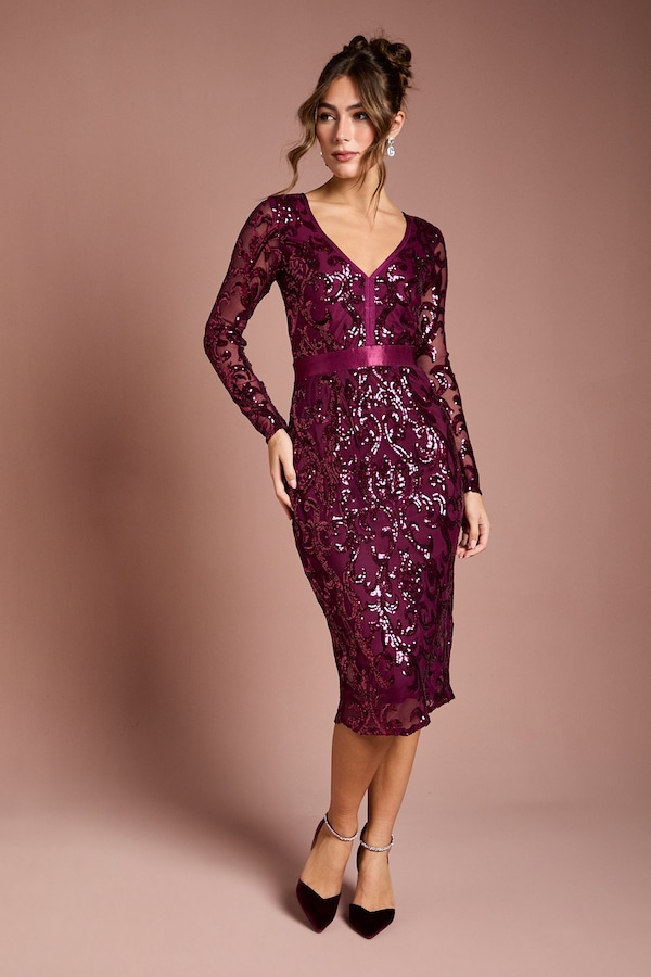 Coast Long Sleeve Bodycon Sequin Midi dress Burgundy