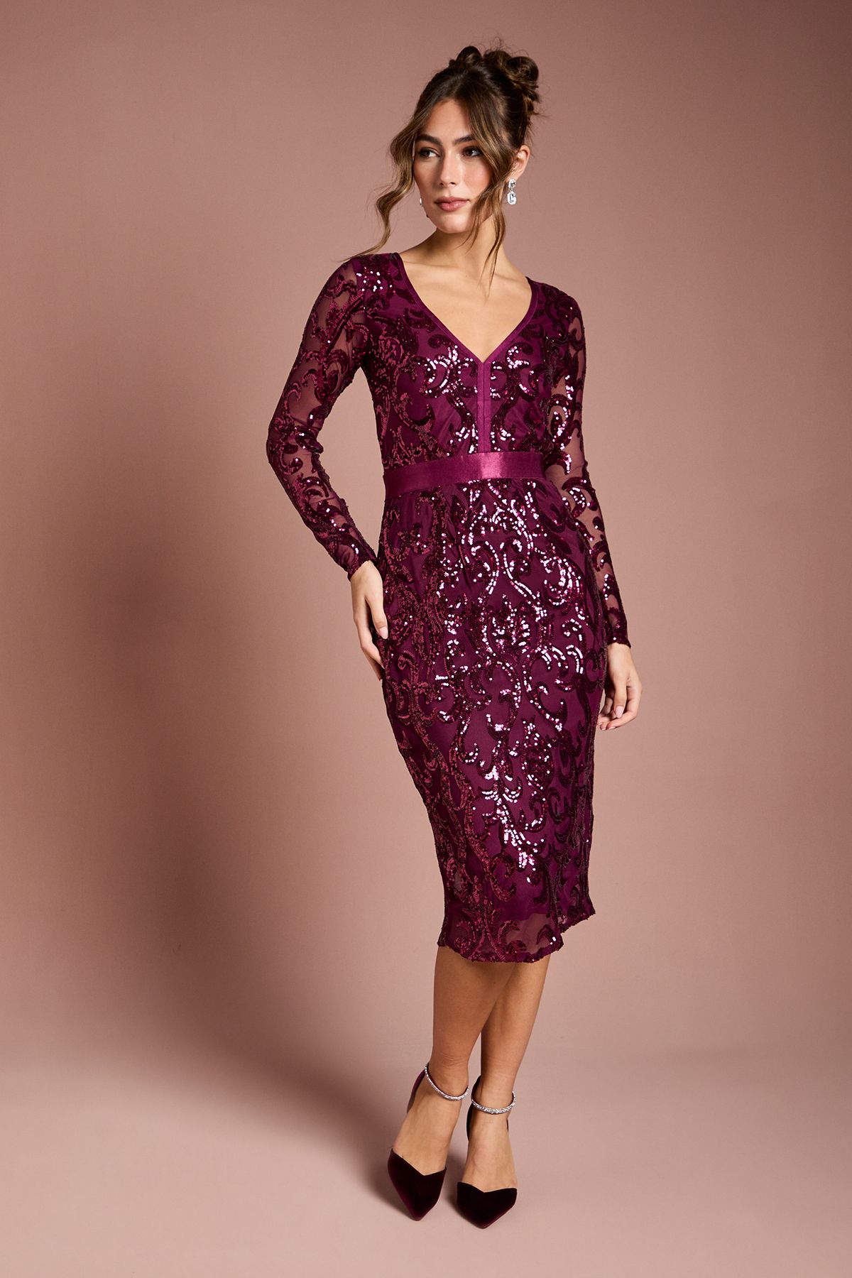 Coast Long Sleeve Bodycon Sequin Midi dress Burgundy