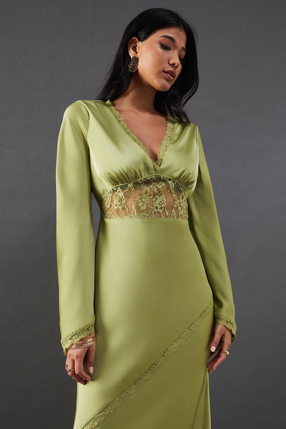 Warehouse Satin Lace Insert Flute Sleeve Midi Dress Olive image 4