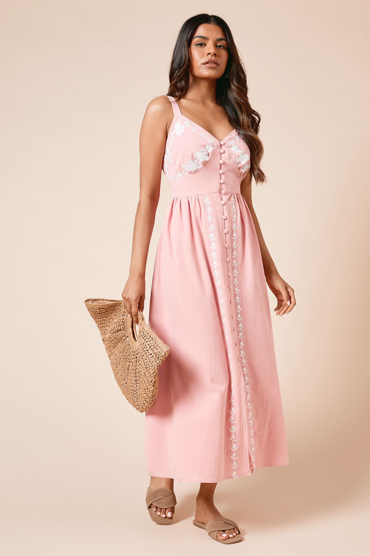 Dorothy Perkins Petite Floral Button Up Embroidered Midi Dress Pink