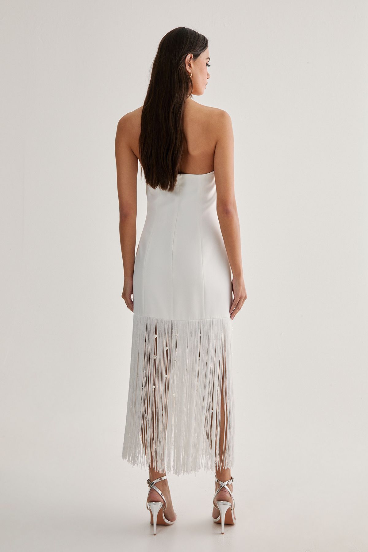 NastyGal Tailored Pearl Fringe Trim Midi Dress Ivory image 3