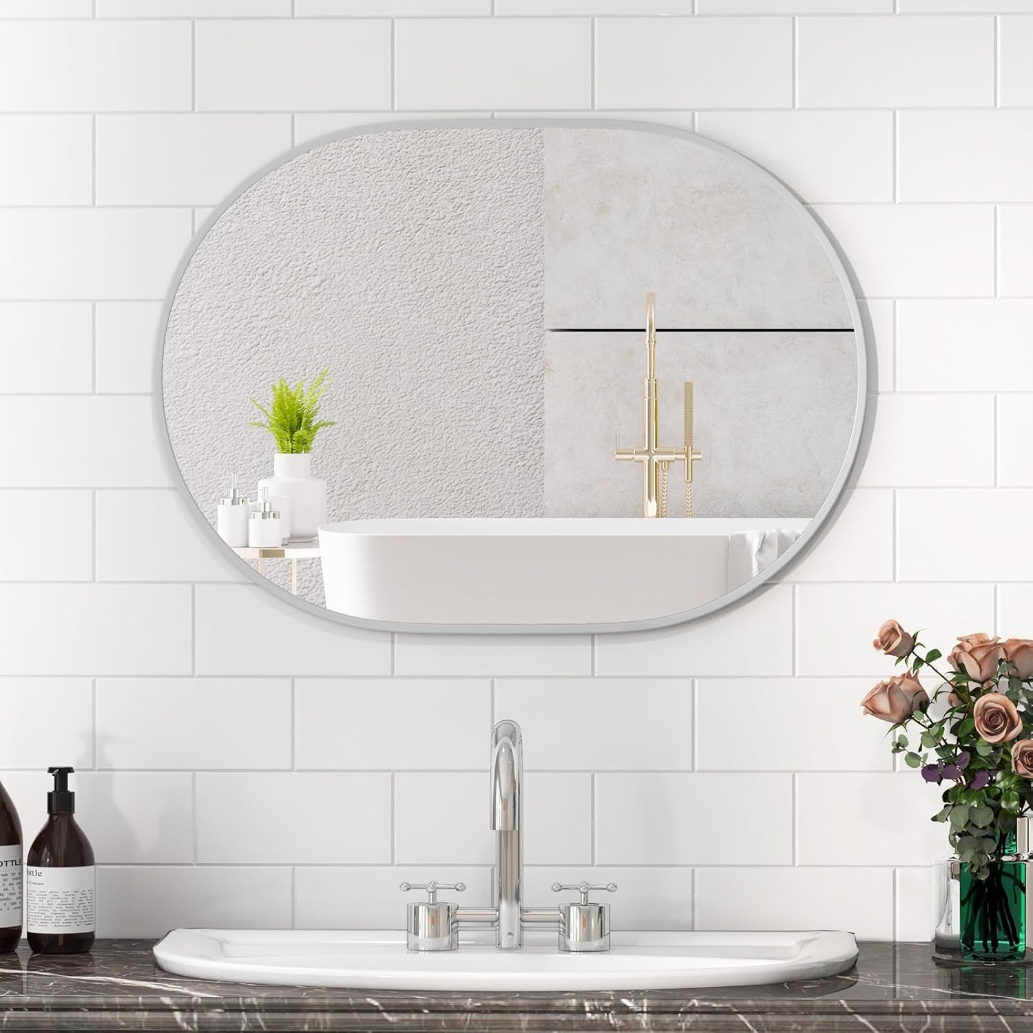 Gymax Oval Bathroom Mirror 70 CM x 50 CM Wall Vanity Mirror With Frame Black image 1