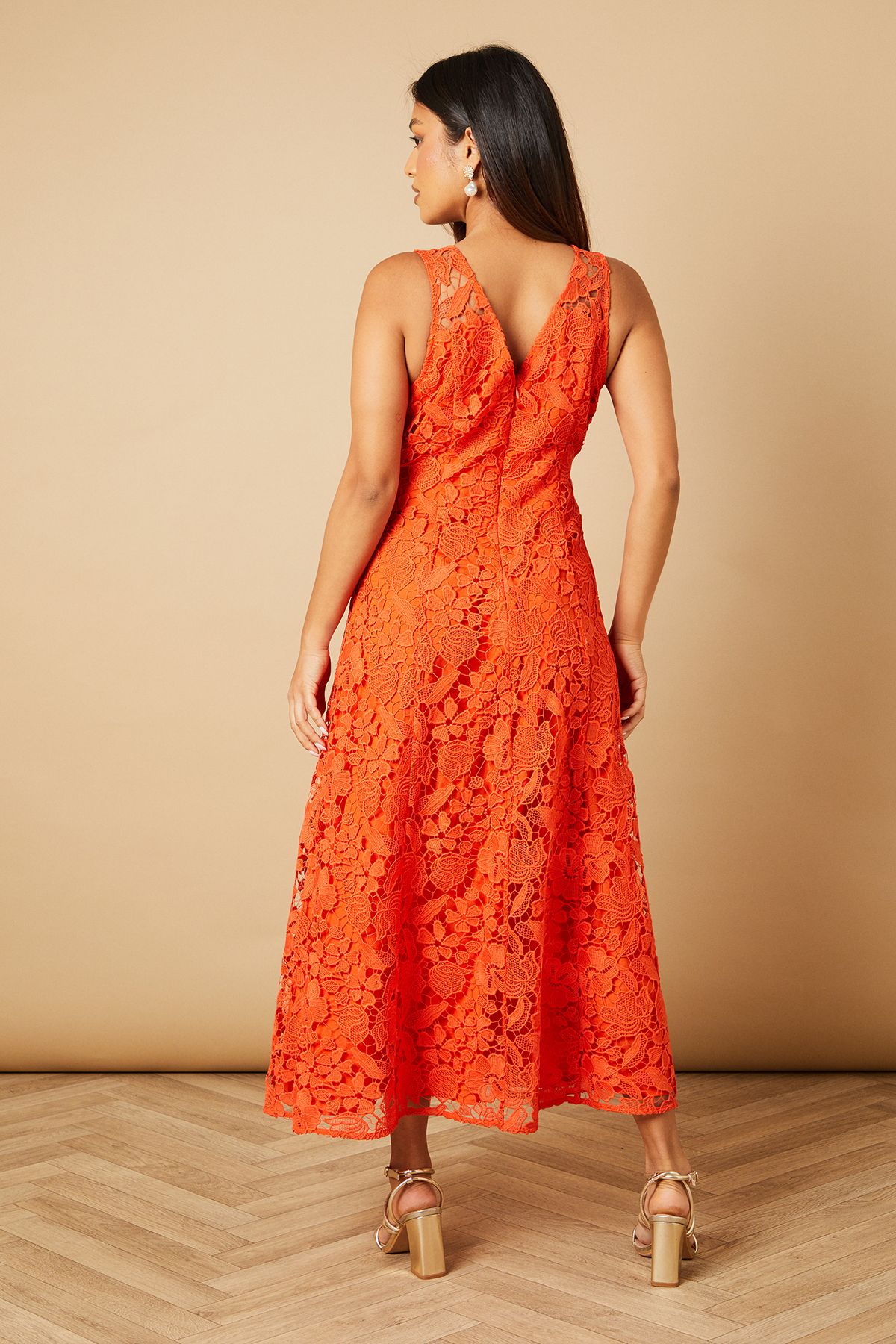 Oasis Petite Floral Lace V Neck Midi Dress Orange image 4