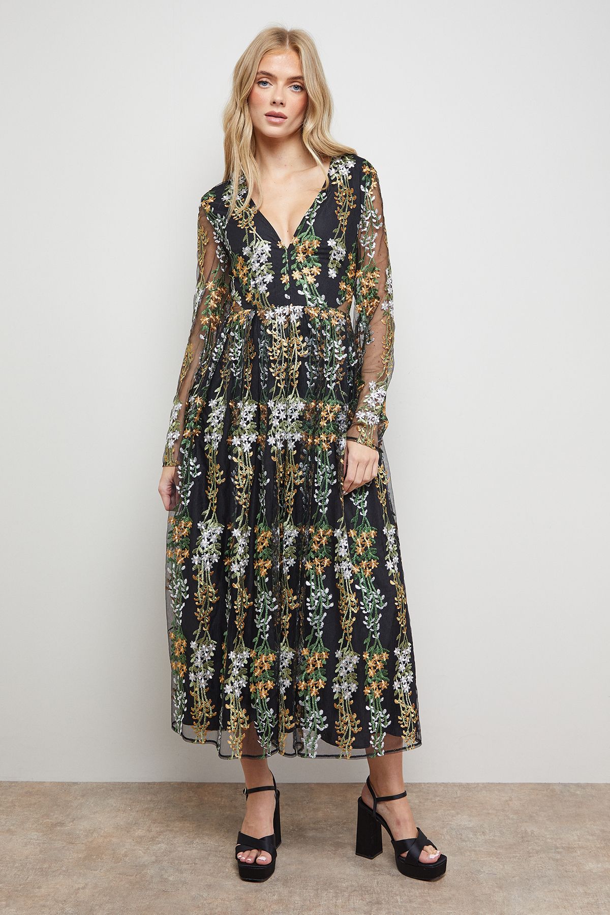 Oasis Floral Ruffle Open Back Long Sleeve Midi Dress Multi image 1