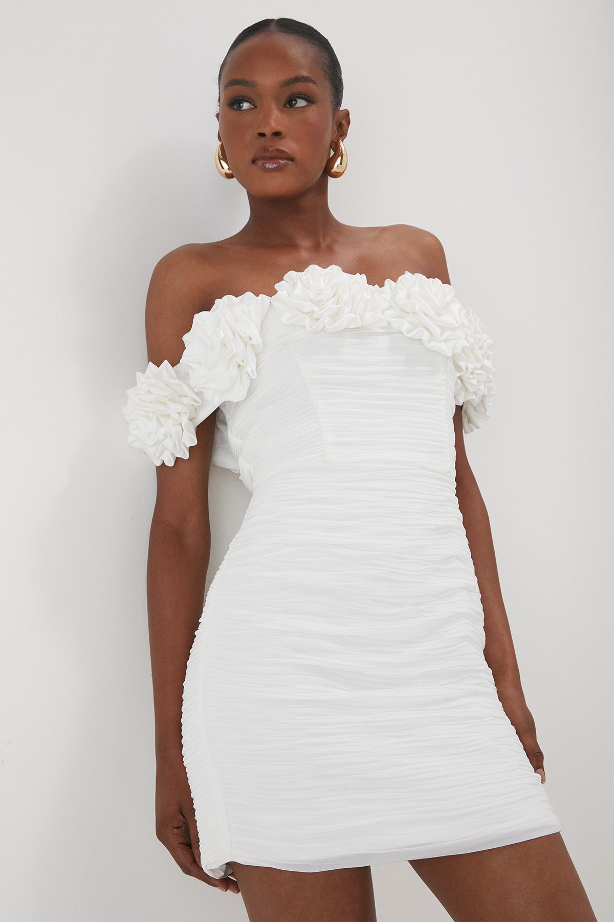 MissPap Premium Ruffle Floral Bardot Mini Dress White image 4