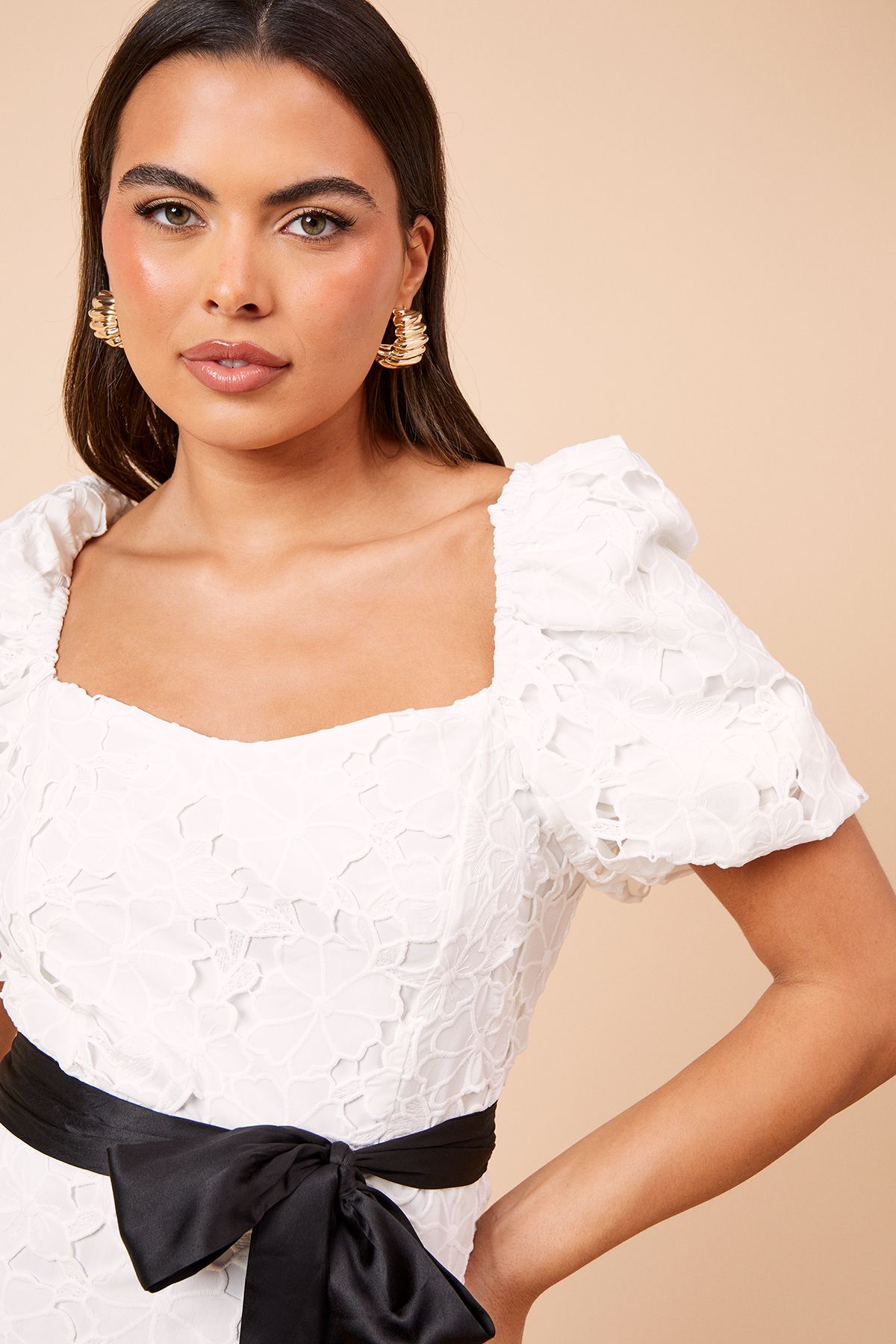 Dorothy Perkins DP Luxe Cut-Work Lace Contrast Belt Midi Dress White image 4