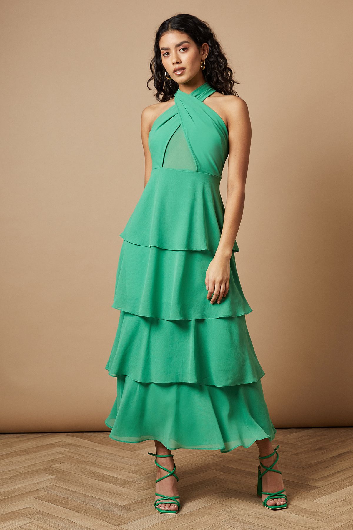 Oasis Petite Halter Neck Cutout Tiered Maxi Dress Green