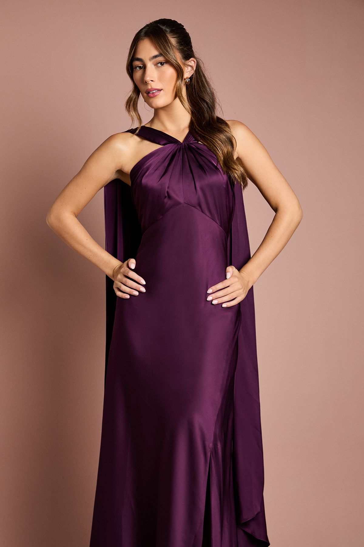 Coast Satin Halterneck Maxi Bridesmaid Dress with Over The Shoulder Drape Detail Grape image 4